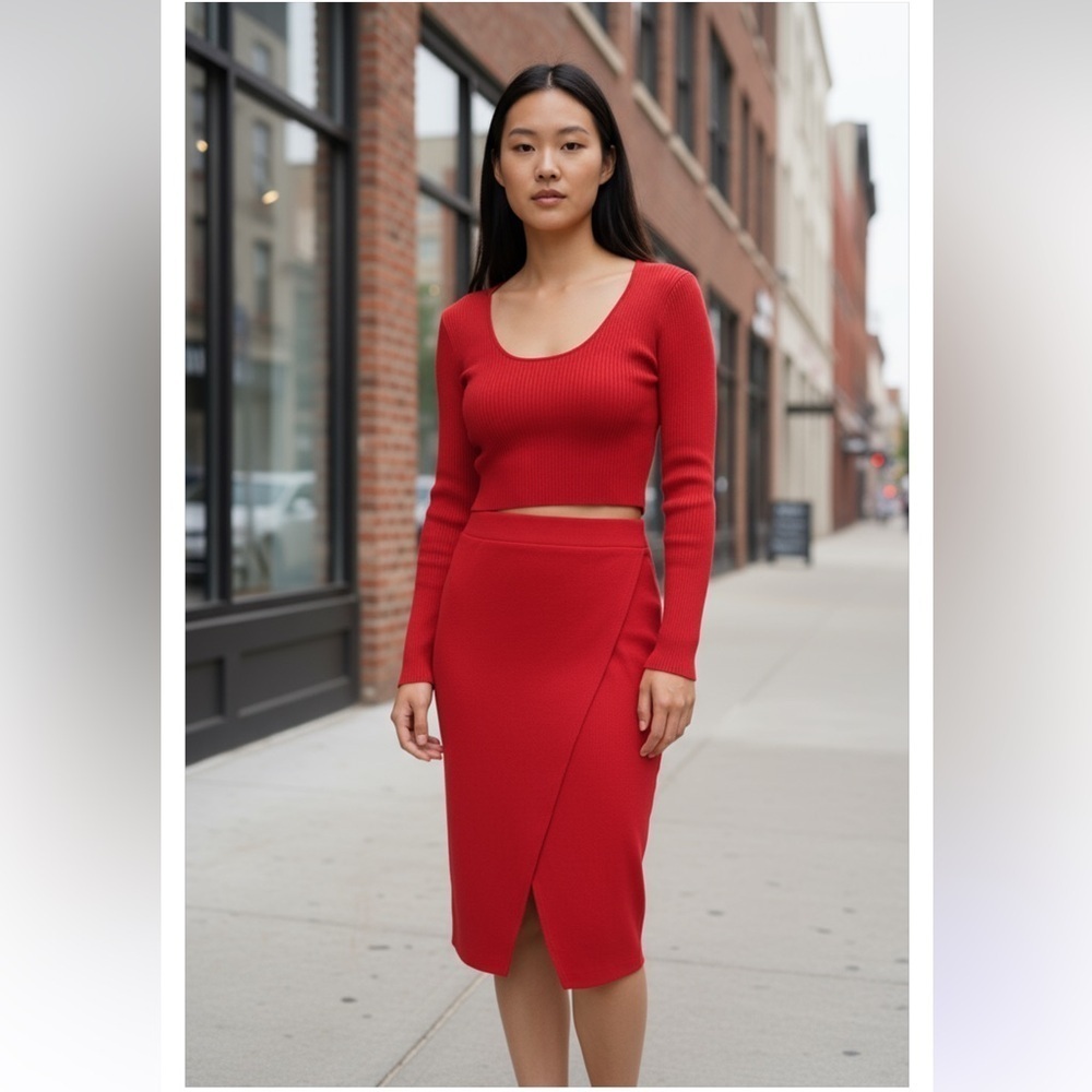 Happily grey classic two piece feminine red crop sweater midi skirt Bodycon set